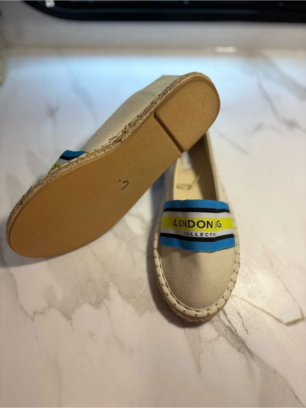 London Fog Cream Espadrille Slip-Ons with Blue and Yellow Stripes